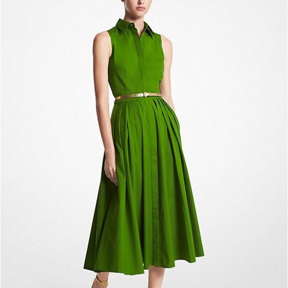 Michael Kors Collection Green Sleeveless Pleated Poplin Midi Shirt Dress 12 - Picture 1 of 14